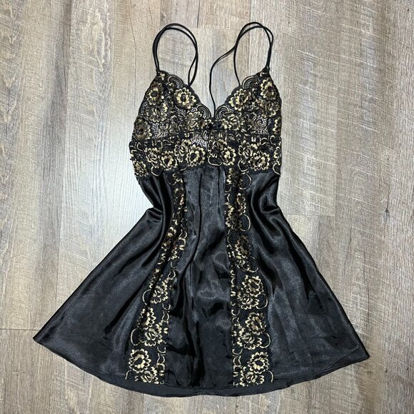 Vintage Y2k In Bloom Gold Black‎ Sheer Lace Satin Mini Slip Dress Womens Small - Picture 1 of 5